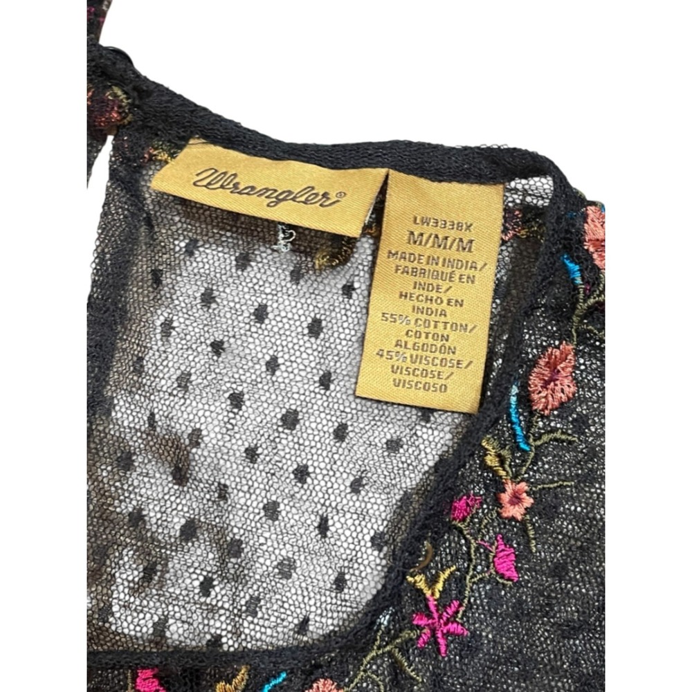 Wrangler Black Embroidered Fringe Floral Womens Top Western Rodeo Medium Whimsy - Picture 7 of 9